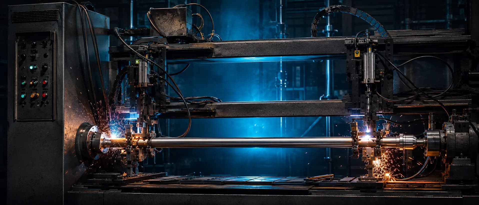Automated welding line welding a metal rod at Kiremitci Metal